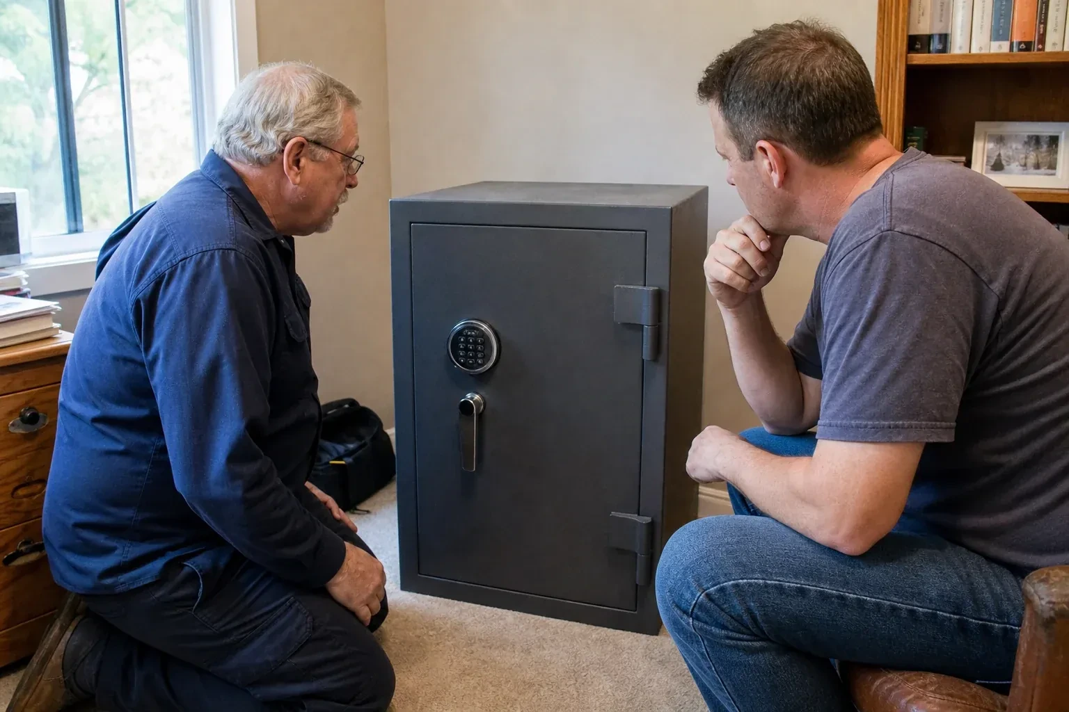 Two adults discussing a closed keypad safe in a home study. — Safe Opening & Combination Change, Mississauga