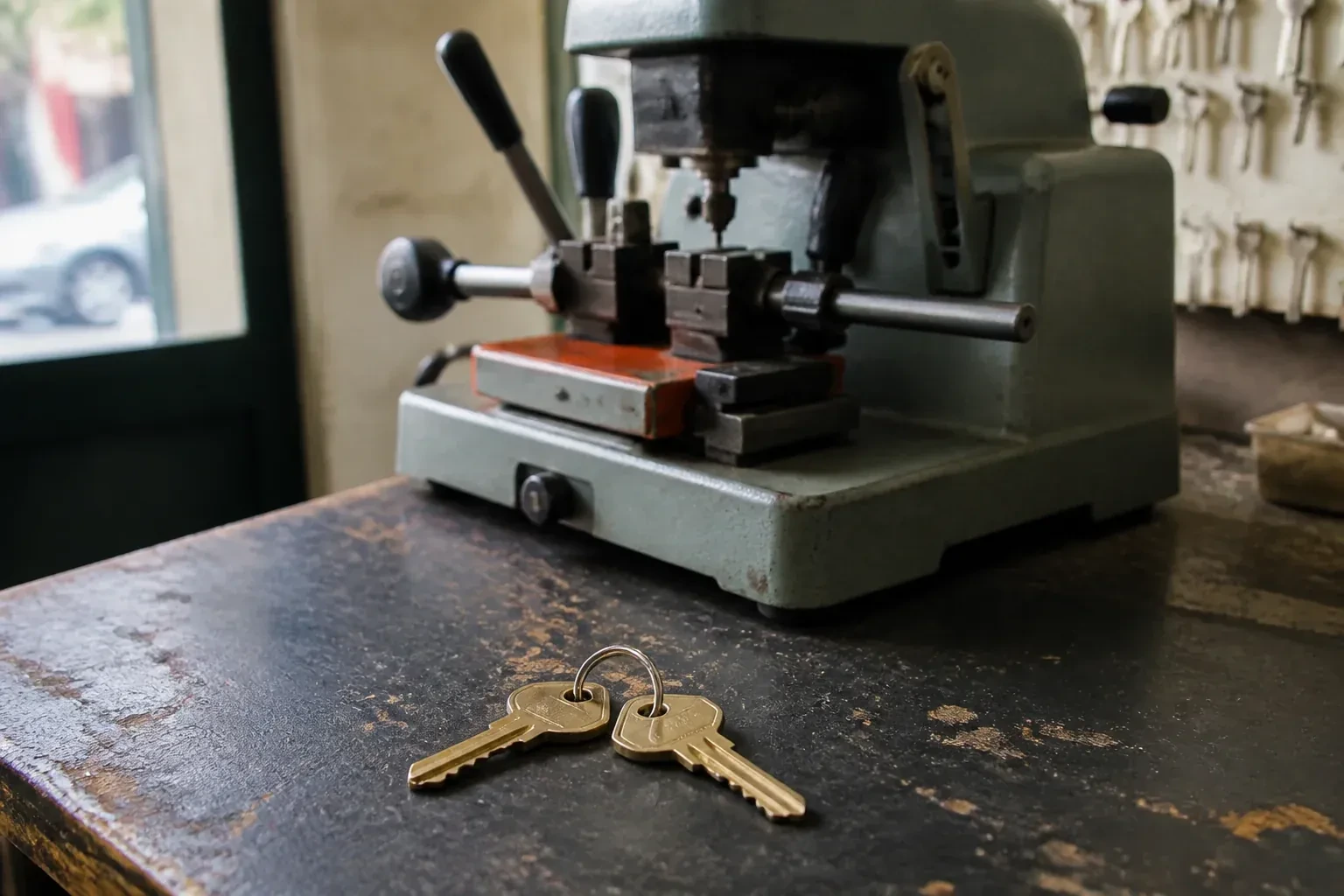 Two brass house keys on a ring resting on a workshop counter. — Spare Car Key Duplication, Mississauga