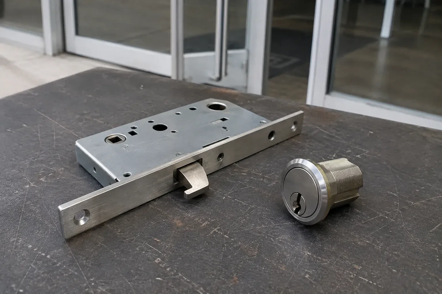 Detached mortise lock body with a projecting hook-shaped bolt beside a threaded cylinder. — Commercial-Grade Lock Replacement, Mississauga