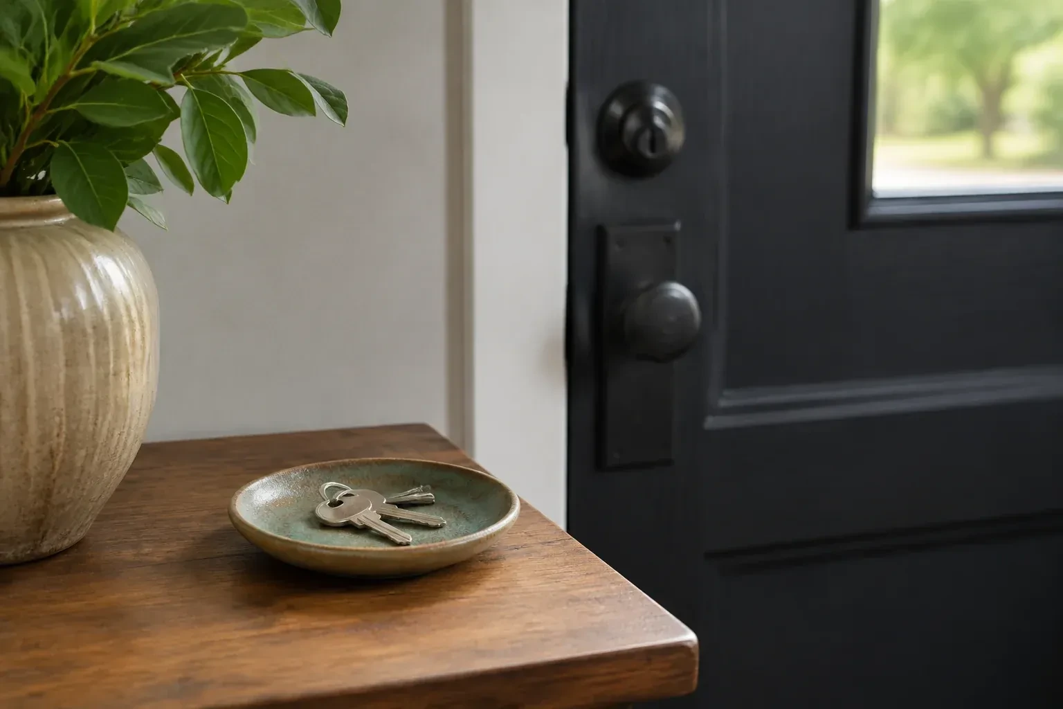 Ceramic dish holding keys on a wooden table beside a leafy vase, with a black door, deadbolt and knob behind. — Sherwood Forrest