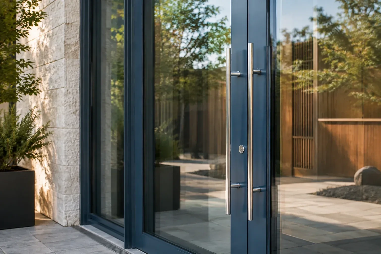 Dark-framed glass entrance doors with long silver-colored vertical pull handles and a round keyhole. — Business Lockout Service, Mississauga