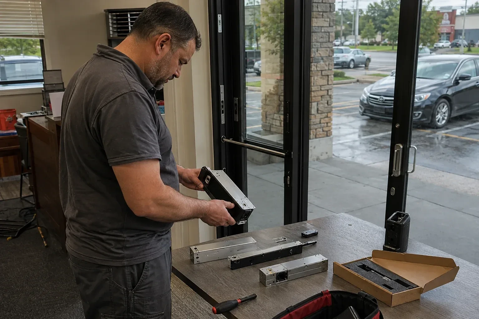 Person holding a rectangular door-hardware housing at a table with additional metal assemblies beside a glass entrance. — Access Control Installation, Mississauga