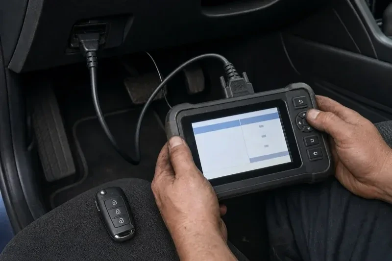 Hands holding a diagnostic tablet connected beneath a car dashboard, with a key fob resting on the person’s leg. — Key Fob Programming, Mississauga