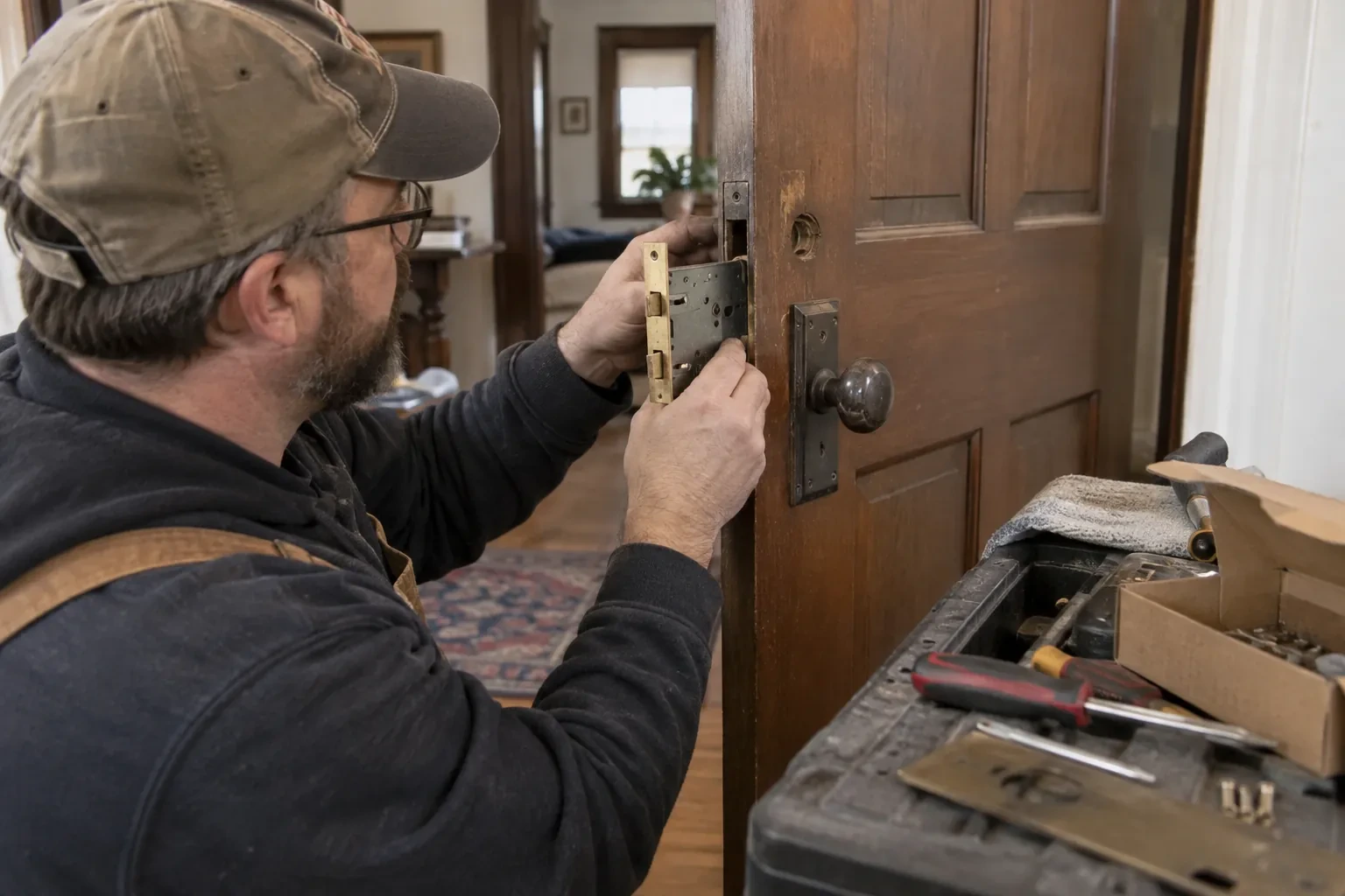 Technician in a cap fitting a black mortise lock case into the edge of a wooden door beside an old knob plate. — Erindale