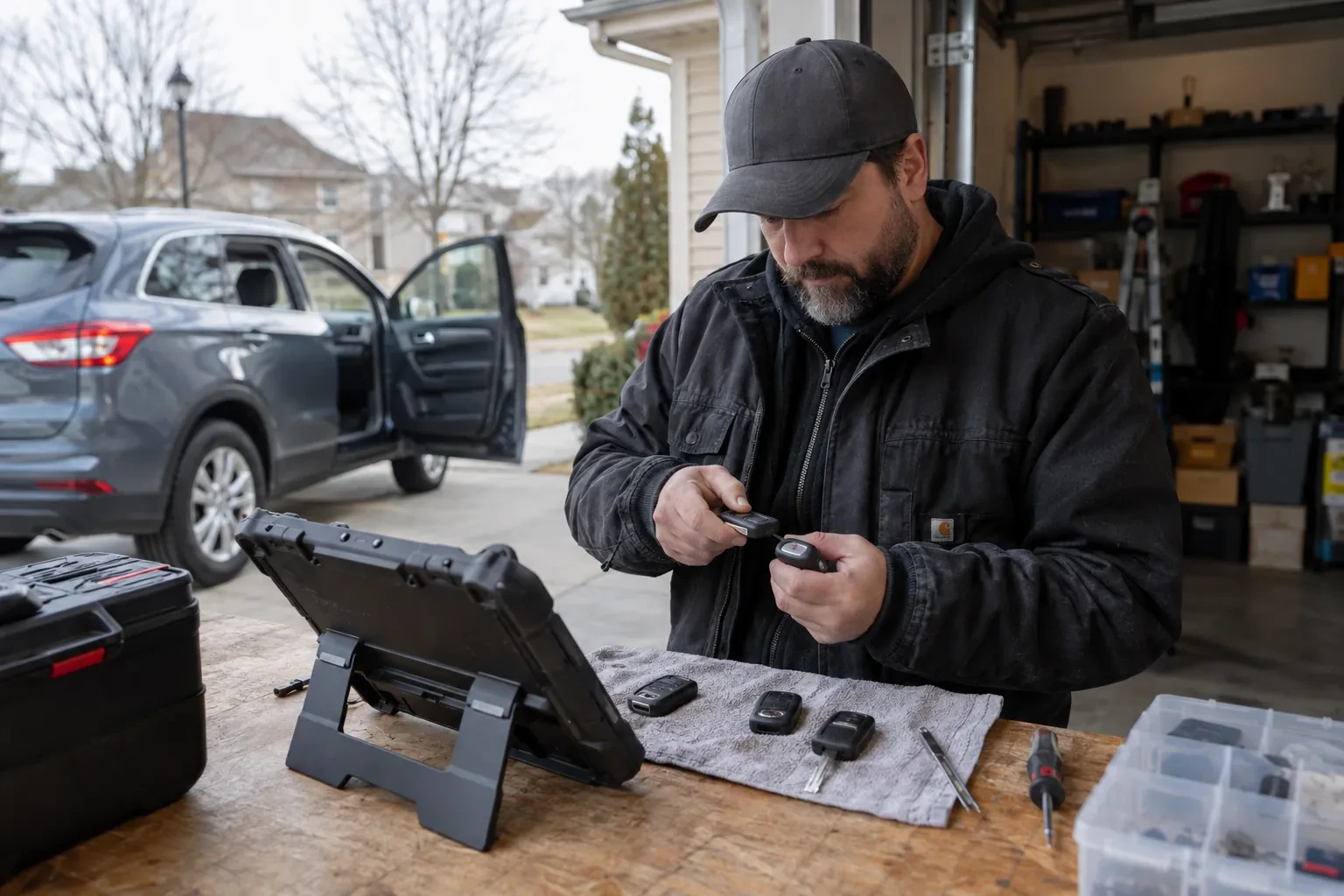 Technician holding two key fobs at a bench with a tablet and three fobs on a gray cloth, an open SUV behind. — Erin Mills