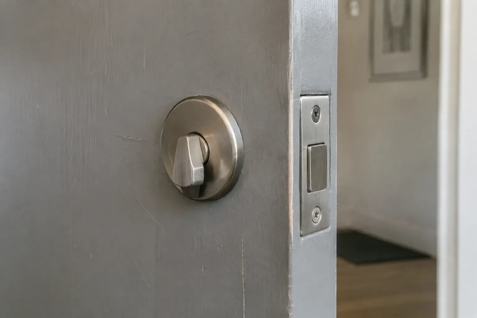 Close view of a satin-nickel deadbolt thumbturn and edge faceplate on a painted timber door. — Deadbolt Installation, Mississauga
